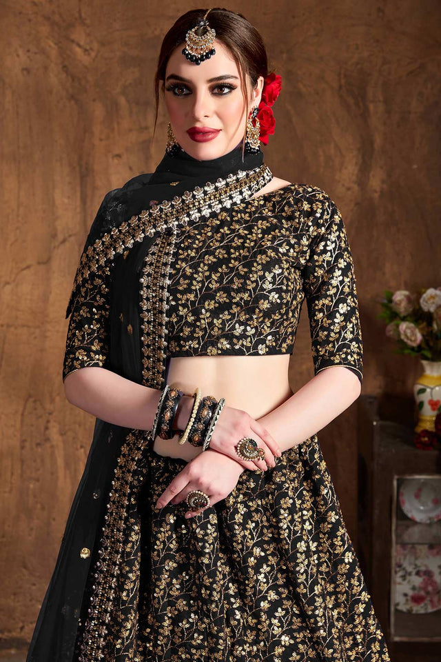 Black Raw Silk Zari And Sequins Heavy Embroidery Work Lehenga Set ('7405)