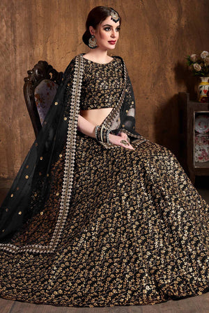 Black Raw Silk Zari And Sequins Heavy Embroidery Work Lehenga Set ('7405)
