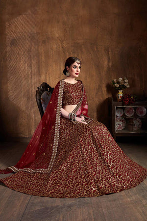 Maroon Raw Silk Zari And Sequins Heavy Embroidery Work Lehenga Set ('7406)