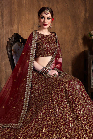 Maroon Raw Silk Zari And Sequins Heavy Embroidery Work Lehenga Set ('7406)