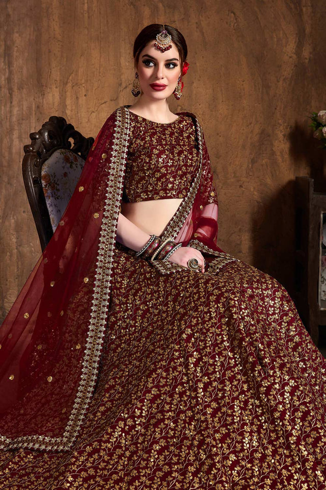 Maroon Raw Silk Zari And Sequins Heavy Embroidery Work Lehenga Set ('7406)