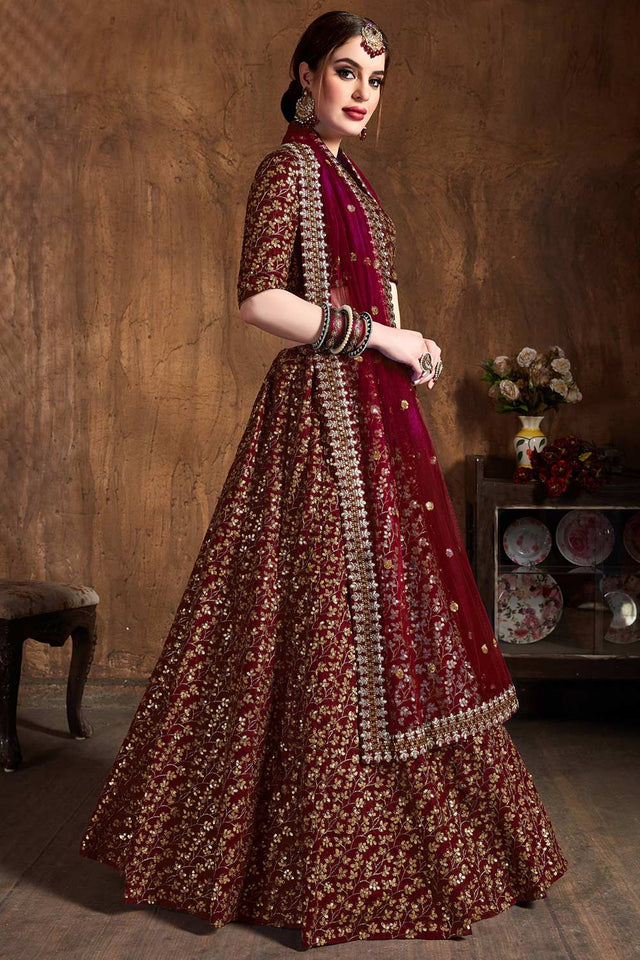 Maroon Raw Silk Zari And Sequins Heavy Embroidery Work Lehenga Set ('7406)