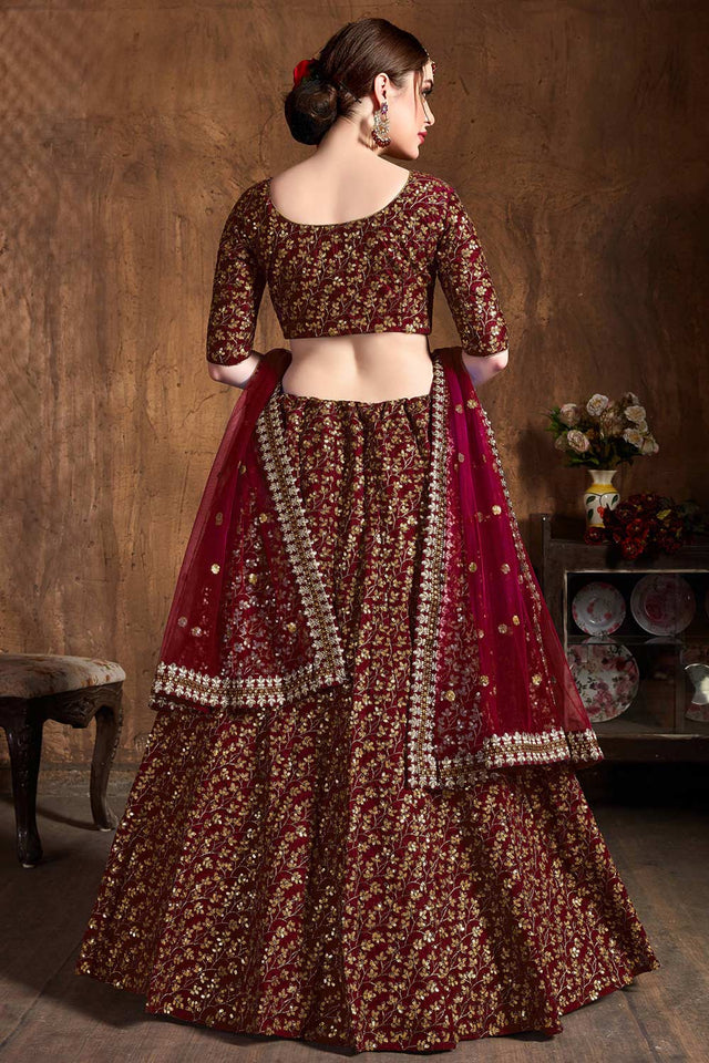 Maroon Raw Silk Zari And Sequins Heavy Embroidery Work Lehenga Set ('7406)
