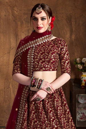 Maroon Raw Silk Zari And Sequins Heavy Embroidery Work Lehenga Set ('7406)