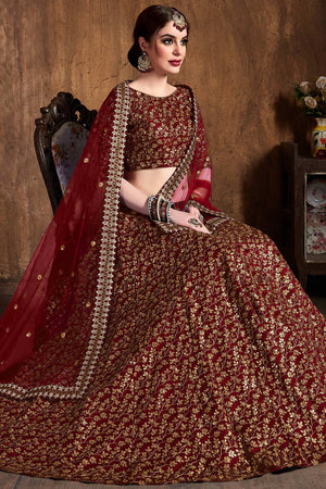 Maroon Raw Silk Zari And Sequins Heavy Embroidery Work Lehenga Set ('7406)