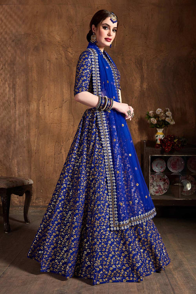 Royal Blue Raw Silk Zari And Sequins Heavy Embroidery Work Lehenga Set ('7407)