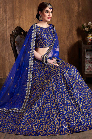 Royal Blue Raw Silk Zari And Sequins Heavy Embroidery Work Lehenga Set ('7407)