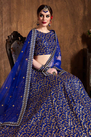Royal Blue Raw Silk Zari And Sequins Heavy Embroidery Work Lehenga Set ('7407)