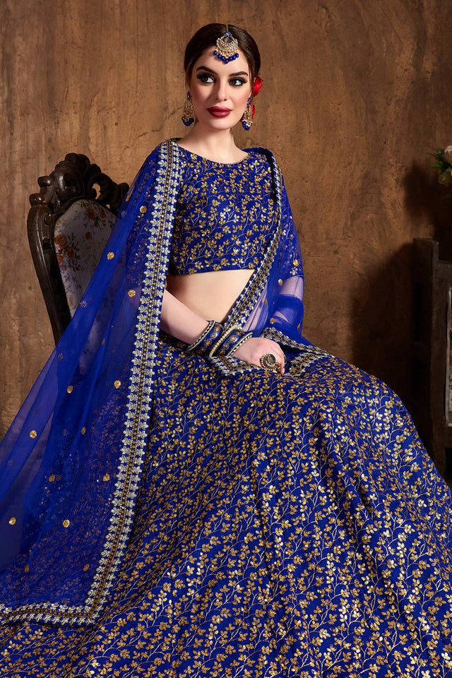 Royal Blue Raw Silk Zari And Sequins Heavy Embroidery Work Lehenga Set ('7407)