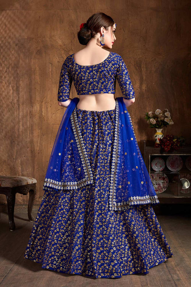 Royal Blue Raw Silk Zari And Sequins Heavy Embroidery Work Lehenga Set ('7407)