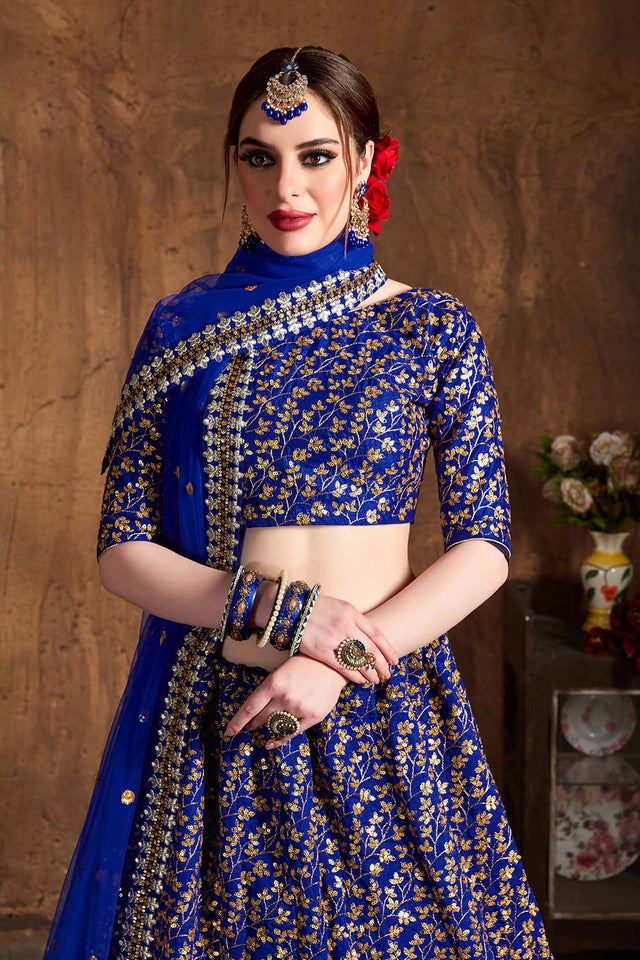Royal Blue Raw Silk Zari And Sequins Heavy Embroidery Work Lehenga Set ('7407)