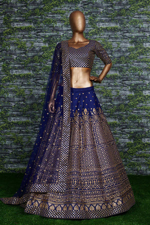 Navy Blue Raw Silk Zari And Sequins Embroidery Lehenga Set ('7408)