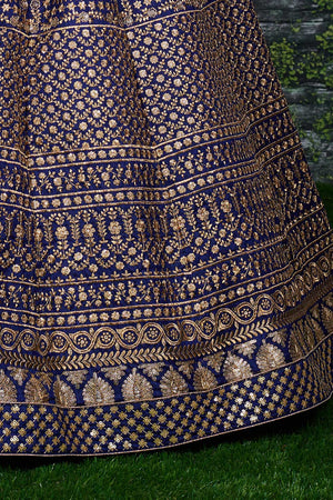 Navy Blue Raw Silk Zari And Sequins Embroidery Lehenga Set ('7408)