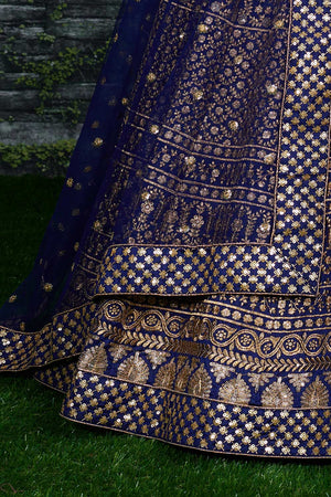 Navy Blue Raw Silk Zari And Sequins Embroidery Lehenga Set ('7408)