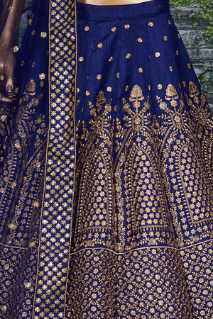 Navy Blue Raw Silk Zari And Sequins Embroidery Lehenga Set ('7408)