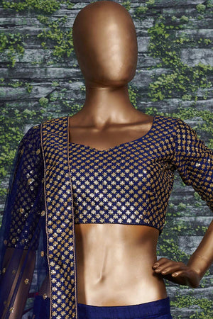 Navy Blue Raw Silk Zari And Sequins Embroidery Lehenga Set ('7408)