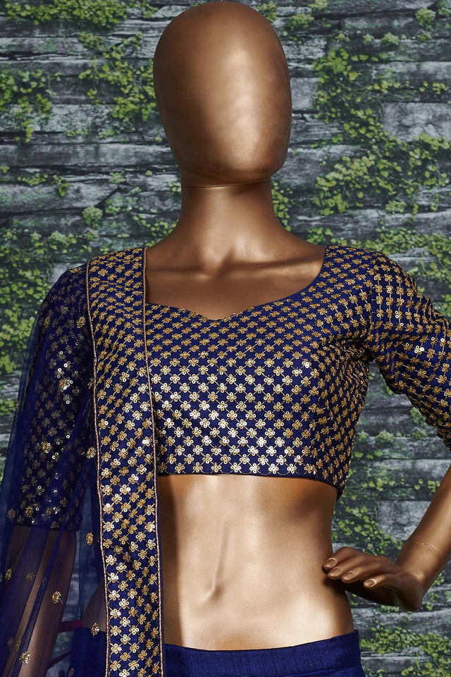 Navy Blue Raw Silk Zari And Sequins Embroidery Lehenga Set ('7408)