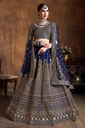 Navy Blue Raw Silk Zari And Sequins Embroidery Lehenga Set ('7408)