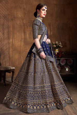 Navy Blue Raw Silk Zari And Sequins Embroidery Lehenga Set ('7408)