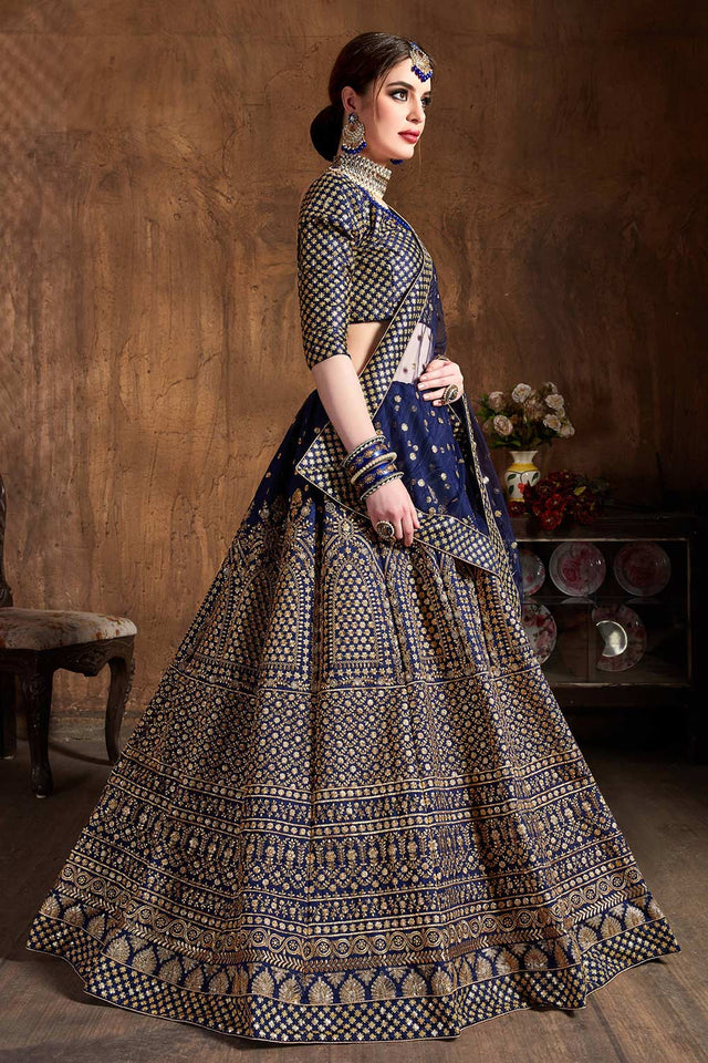 Navy Blue Raw Silk Zari And Sequins Embroidery Lehenga Set ('7408)