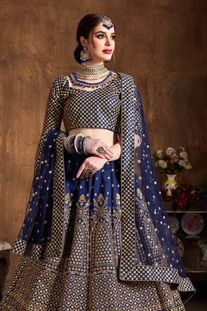 Navy Blue Raw Silk Zari And Sequins Embroidery Lehenga Set ('7408)