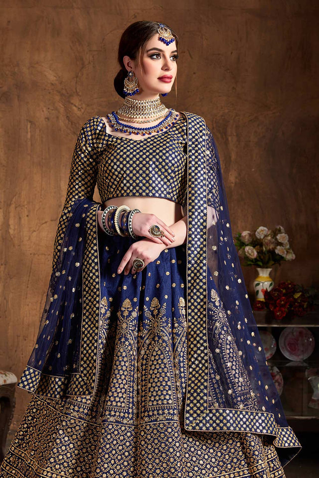Navy Blue Raw Silk Zari And Sequins Embroidery Lehenga Set ('7408)