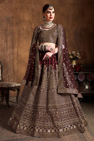 Maroon Raw Silk Zari And Sequins Embroidery Lehenga Set ('7409)