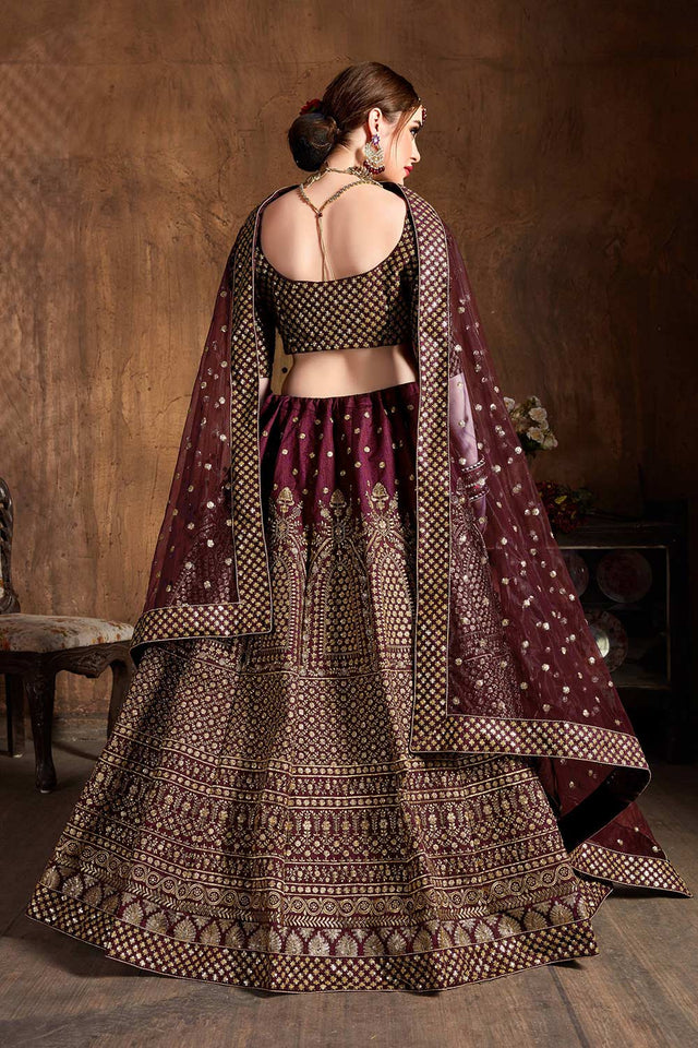 Maroon Raw Silk Zari And Sequins Embroidery Lehenga Set ('7409)