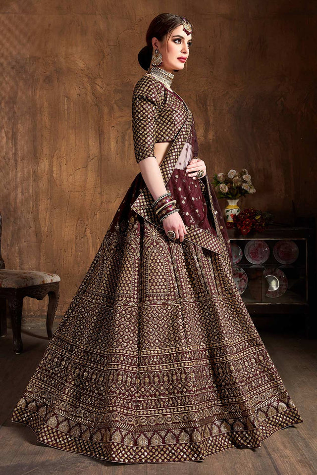 Maroon Raw Silk Zari And Sequins Embroidery Lehenga Set ('7409)