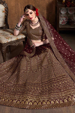 Maroon Raw Silk Zari And Sequins Embroidery Lehenga Set ('7409)