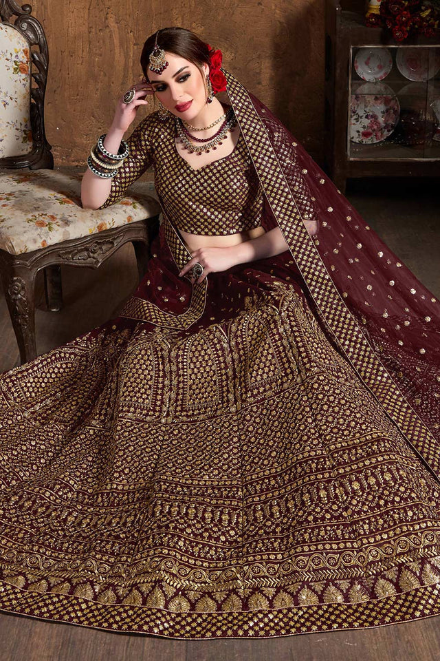 Maroon Raw Silk Zari And Sequins Embroidery Lehenga Set ('7409)
