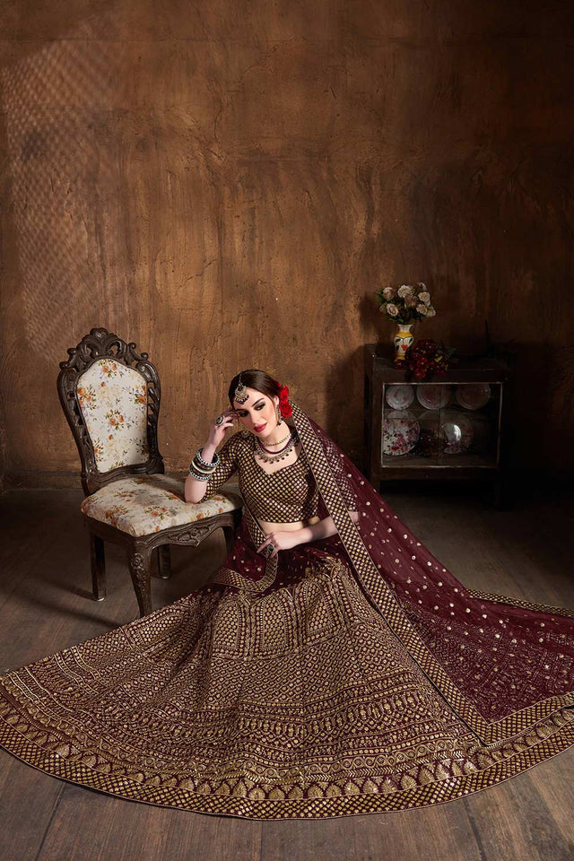 Maroon Raw Silk Zari And Sequins Embroidery Lehenga Set ('7409)