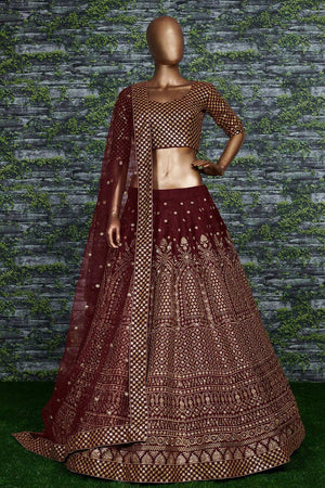 Maroon Raw Silk Zari And Sequins Embroidery Lehenga Set ('7409)