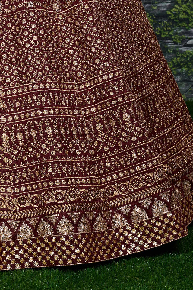 Maroon Raw Silk Zari And Sequins Embroidery Lehenga Set ('7409)