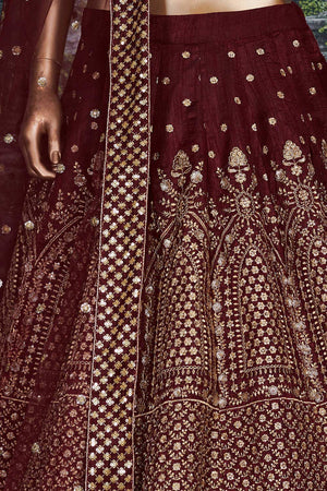 Maroon Raw Silk Zari And Sequins Embroidery Lehenga Set ('7409)
