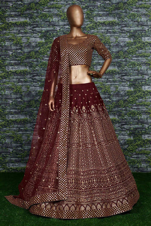 Maroon Raw Silk Zari And Sequins Embroidery Lehenga Set ('7409)