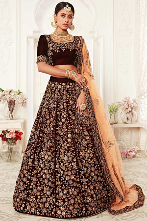 Maroon Velvet Zari And Sequins Embroidery Work Lehenga Set ('7701)