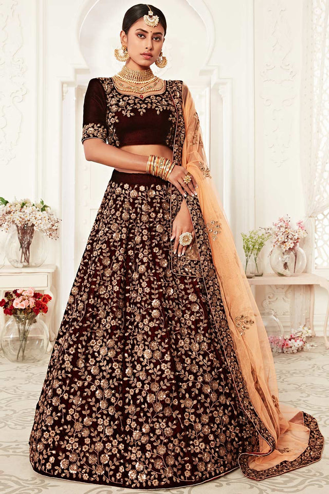 Maroon Velvet Zari And Sequins Embroidery Work Lehenga Set ('7701)