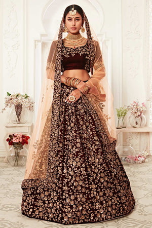 Maroon Velvet Zari And Sequins Embroidery Work Lehenga Set ('7701)