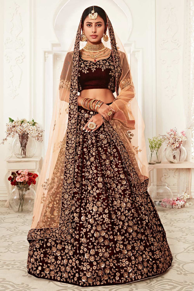 Maroon Velvet Zari And Sequins Embroidery Work Lehenga Set ('7701)