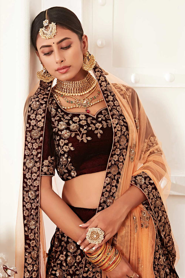 Maroon Velvet Zari And Sequins Embroidery Work Lehenga Set ('7701)