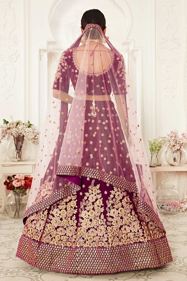 Purple Velvet Zari And Sequins Embroidery Work Lehenga Set ('7702)