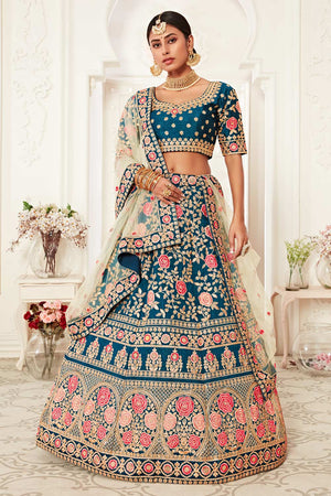 Blue Slub Silk Zari And Sequins Embroidery Work Lehenga Set ('7703)