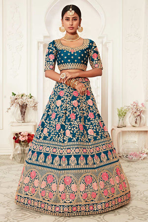 Blue Slub Silk Zari And Sequins Embroidery Work Lehenga Set ('7703)