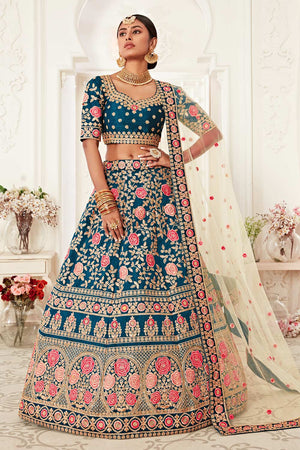 Blue Slub Silk Zari And Sequins Embroidery Work Lehenga Set ('7703)