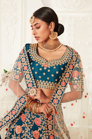 Blue Slub Silk Zari And Sequins Embroidery Work Lehenga Set ('7703)