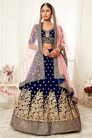 Navy Blue Velvet Zari And Sequins Embroidery Work Lehenga Set ('7704)