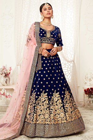 Navy Blue Velvet Zari And Sequins Embroidery Work Lehenga Set ('7704)