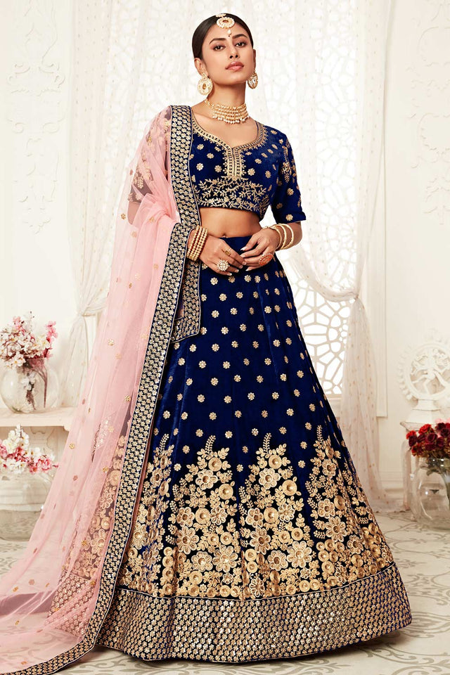 Navy Blue Velvet Zari And Sequins Embroidery Work Lehenga Set ('7704)