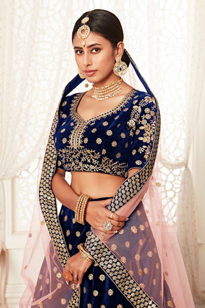 Navy Blue Velvet Zari And Sequins Embroidery Work Lehenga Set ('7704)